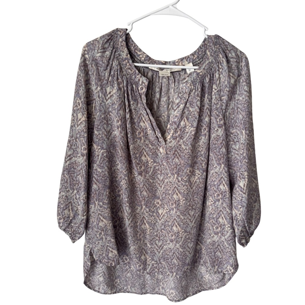 Max Studio Purple Grey 100% Silk Abstract Paisley Split Neck Blouse Top Large